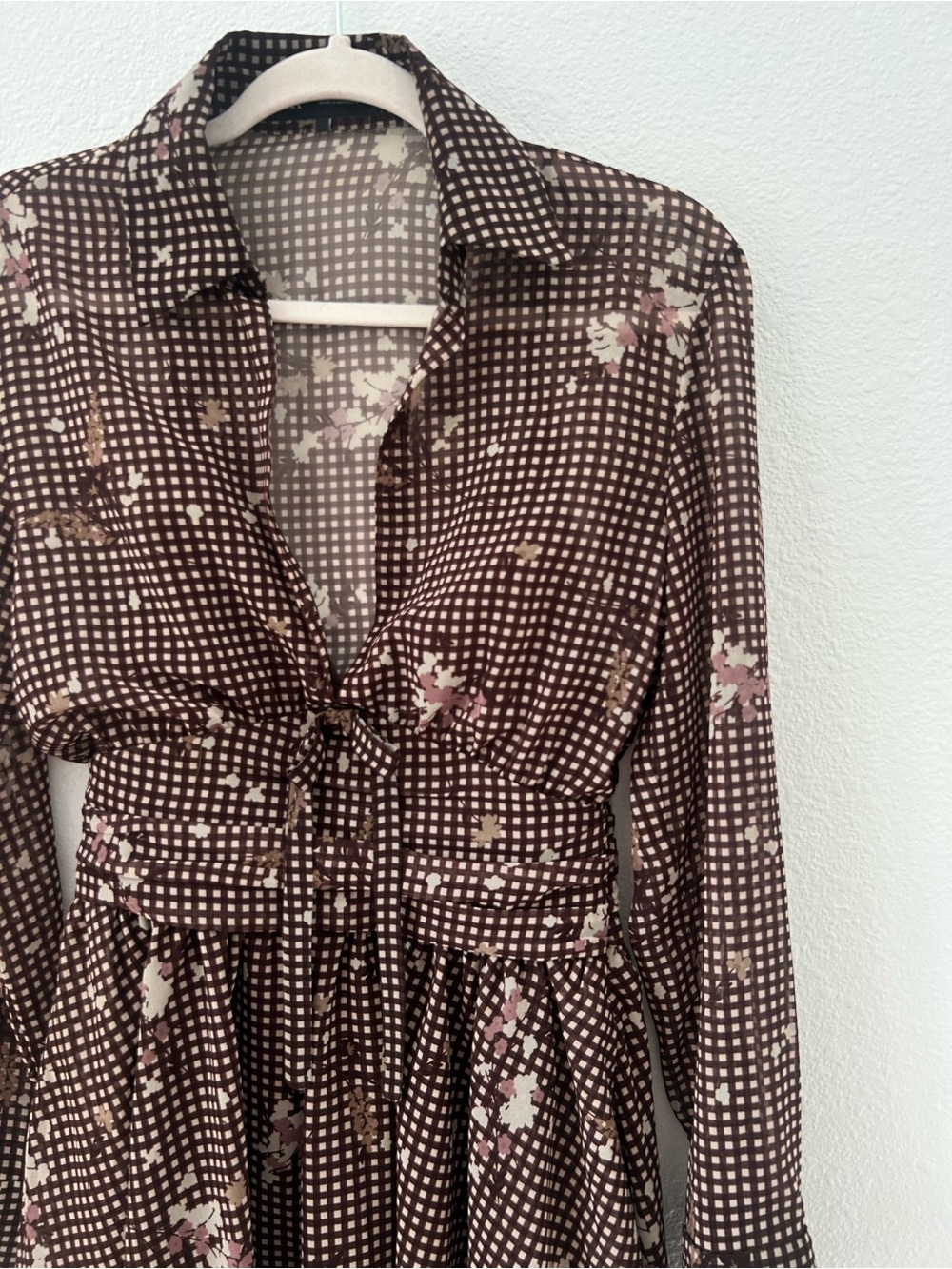 Zara Brown Gingham & Floral Long Sleeve Deep V-Neck Mini Dress - Picture 1 of 11